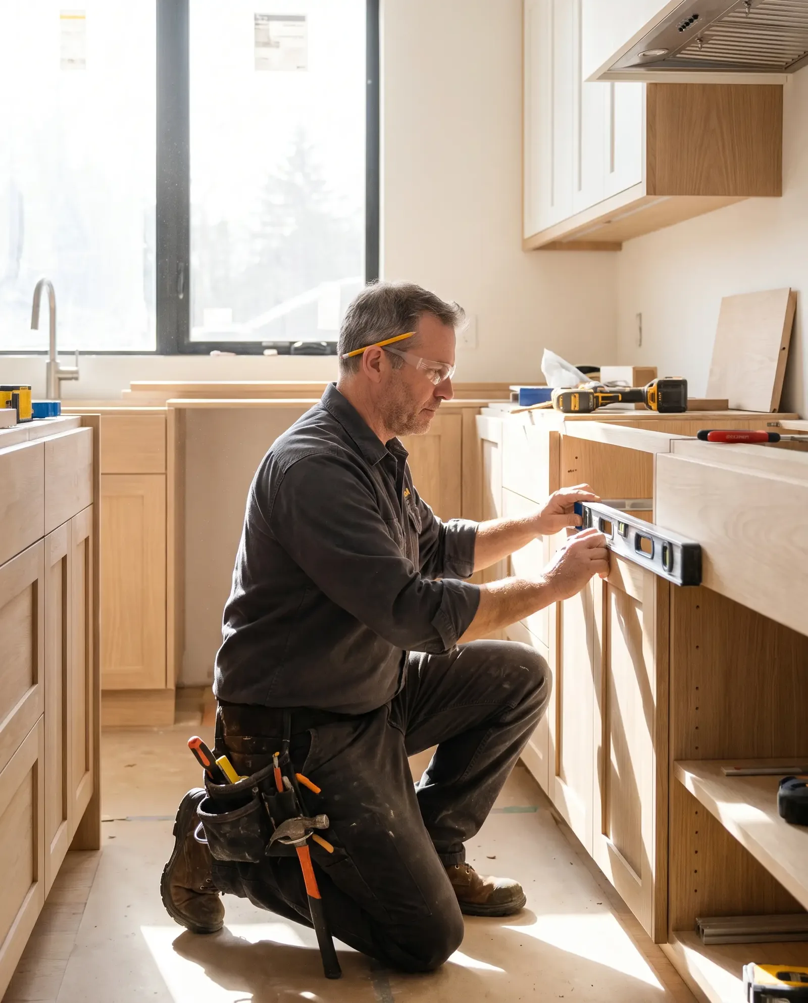 S&G Construction Group craftsman installing custom cabinetry